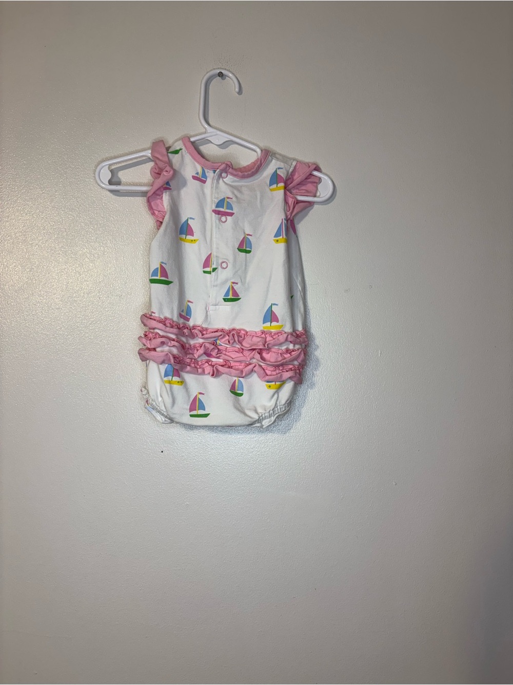 White Sailboat Ruffle Baby Romper with Pink Trim